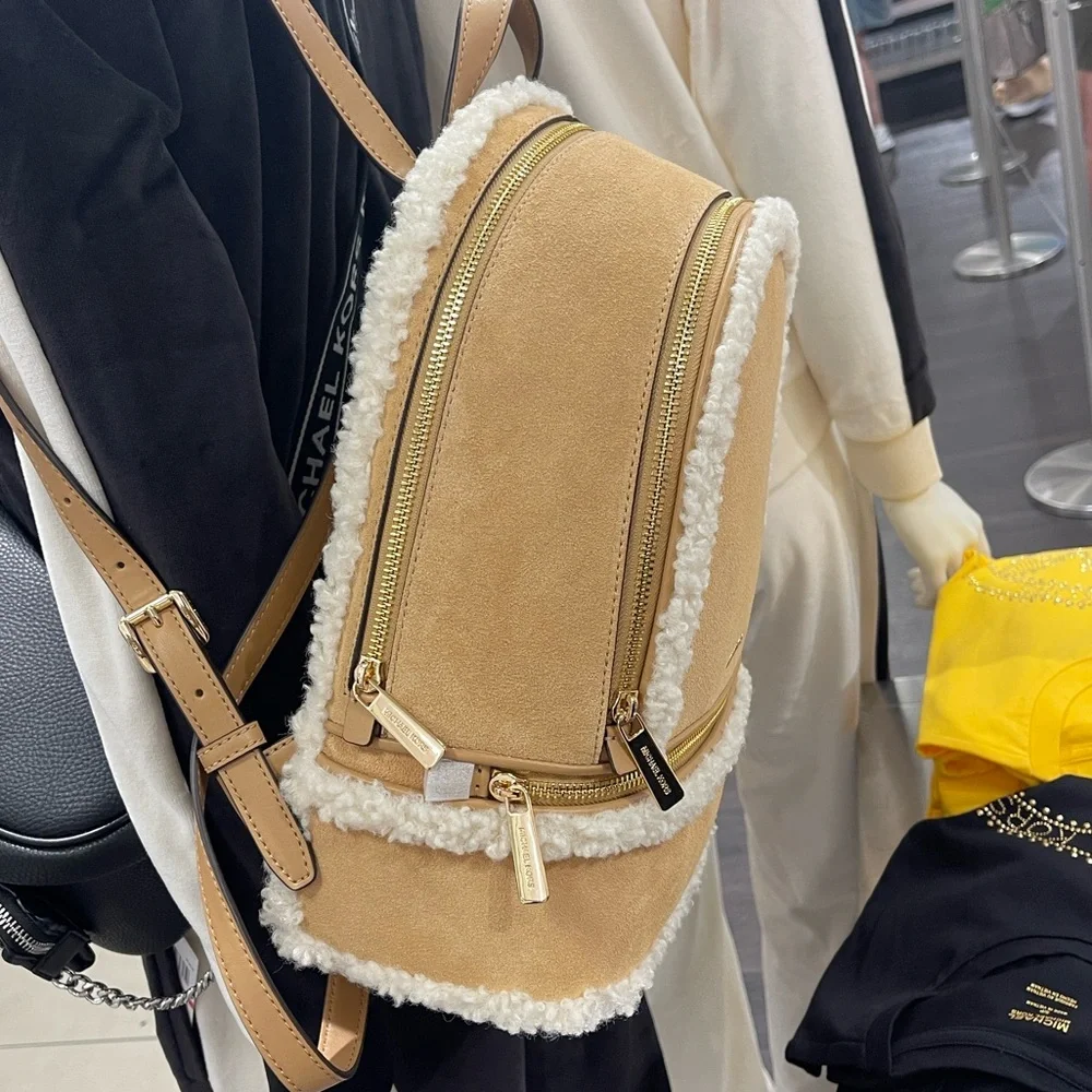 MICHAEL KORS Rhea Medium Suede and Faux Shearling Backpack Peanut NWT